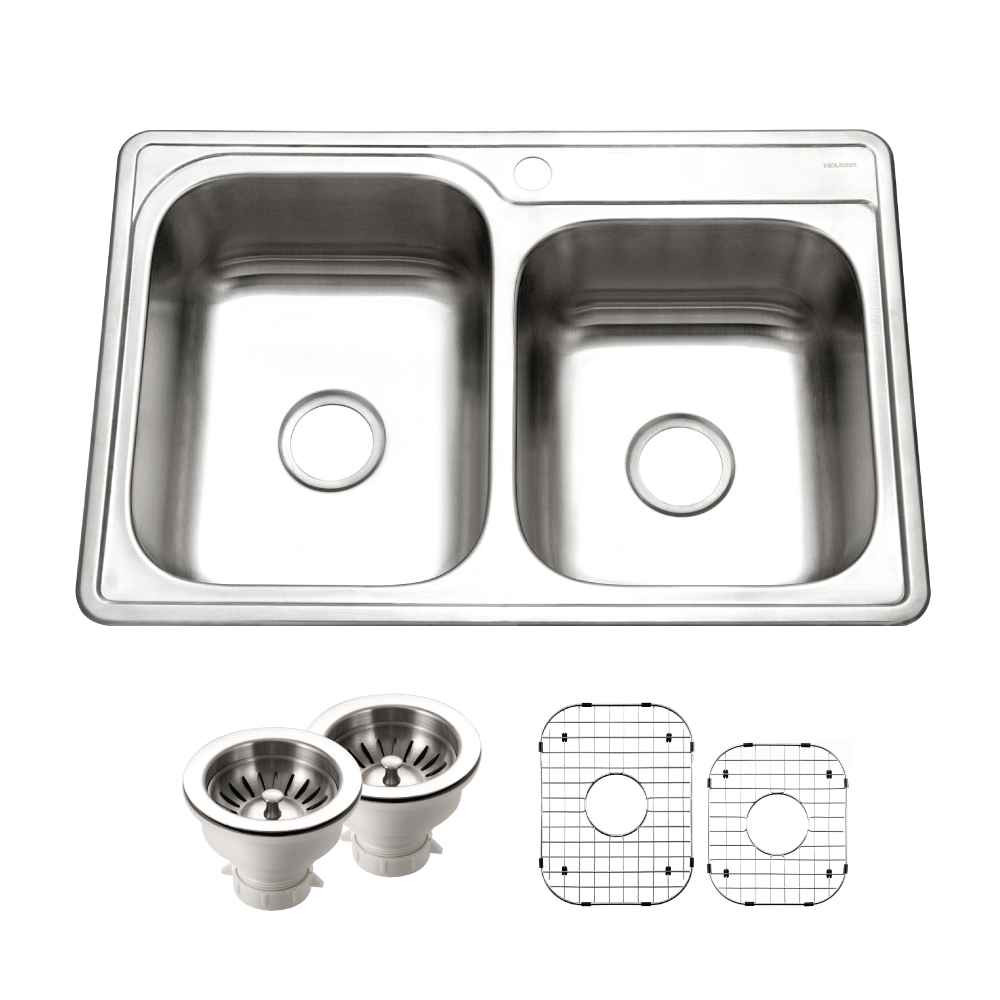 Houzer ISL-3322BS1 Glowtone 33" Stainless Steel Drop-in Topmount 1-hole 60/40 Double Bowl Kitchen Sink Strainers & Grids